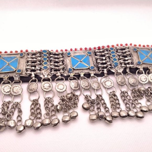Turquoise Choker Necklace, Afghan Choker with Stones and Silver Beads, Kuchi - Picture 3 of 5